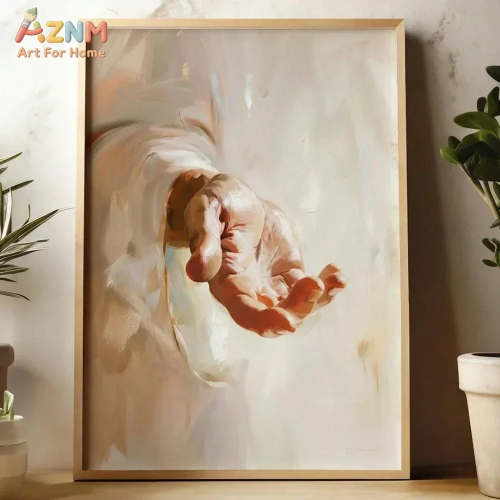 AZNM Christian Jesus Reaching Hand Canvas Wall Art, Frameless Religious Oil Painting Print, Neutral Aesthetic Faith Home Decor f