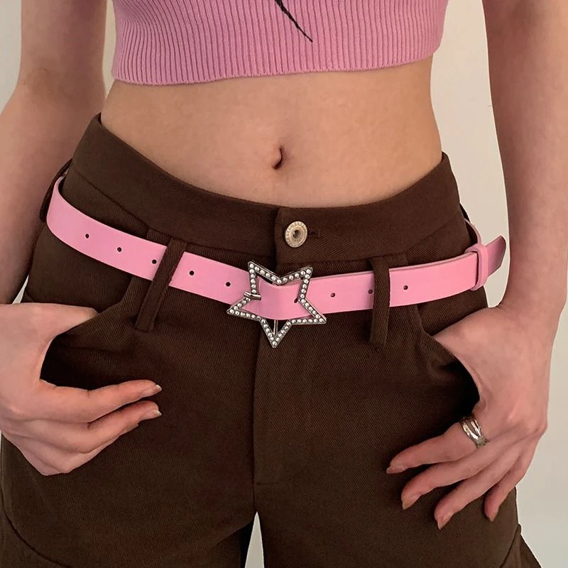 Sexy Girl Pink PU Leather Belt Metal Fashion Buckle Five-point Star Full Drill Waistband Trendy Women Y2K Versatile Decoration