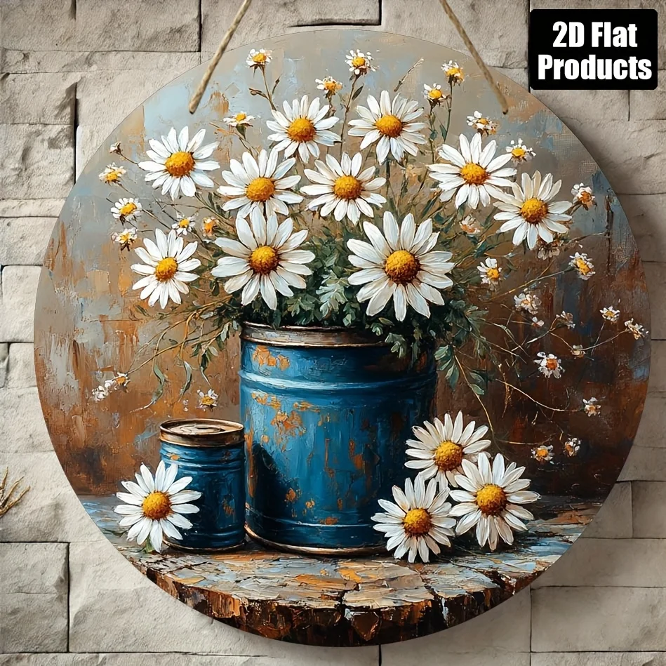 2D flache, 1-teilige, runde Holztafel mit dekorativer Malerei, Gänseblümchen-Motiv, geeignet für Bar, Küche, Café, Familienzimmer, Wohnzimmer