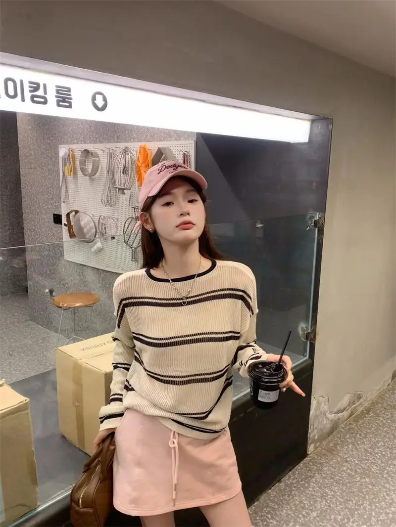 

Spring Autumn round Neck Striped Knitwear Top Thin Long Sleeve Women's Simple Lazy Style Versatile Basic Crew Neck Commute Style