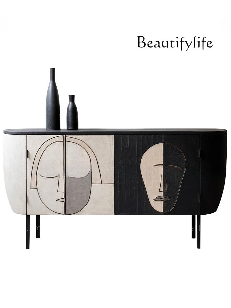 

Medieval style solid wood dining side cabinet, wabi sandy wind art paint locker, personalized face porch cabinet