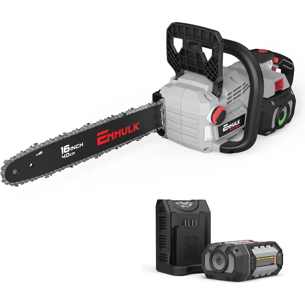 

Бесщеточная электрическая бензопила 58 В, 16 дюймов, аккумуляторная с цепным тормозом для безопасности, максимальная скорость цепи 7,8 футов/с, с управлением светодиодом EZ HMI