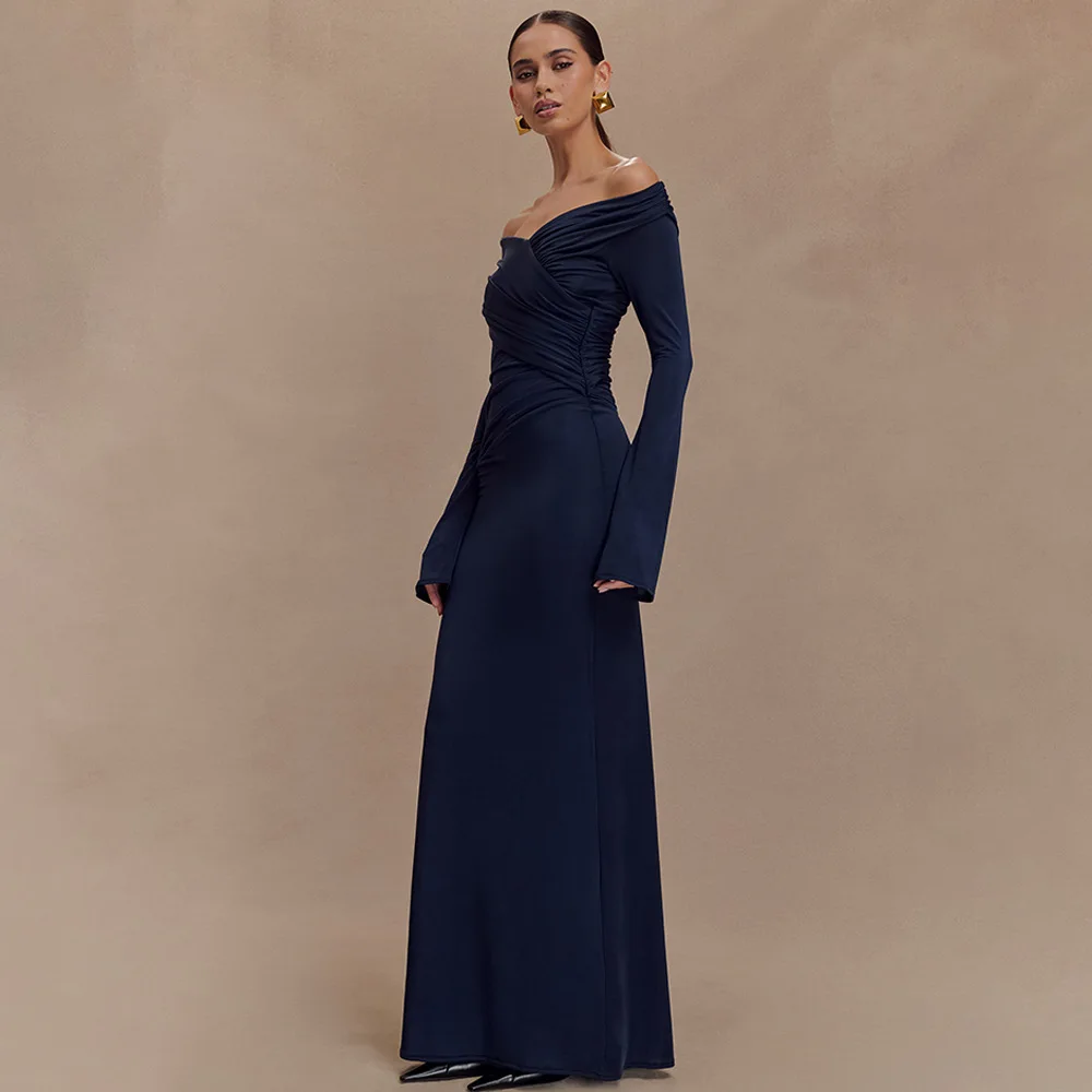 Autumn V Neck Long Sleeve Sexy Maxi Dress For Women Gown Fashion Solid High Waist Ruched Bodycon Club Long Dresses
