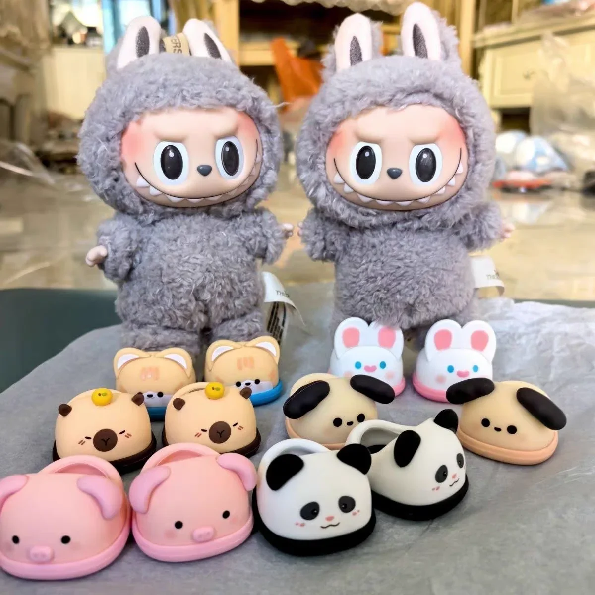 Cartoon Rubber Slippers for Mini Labubu 17cm Vinyl Dolls Macaron Style