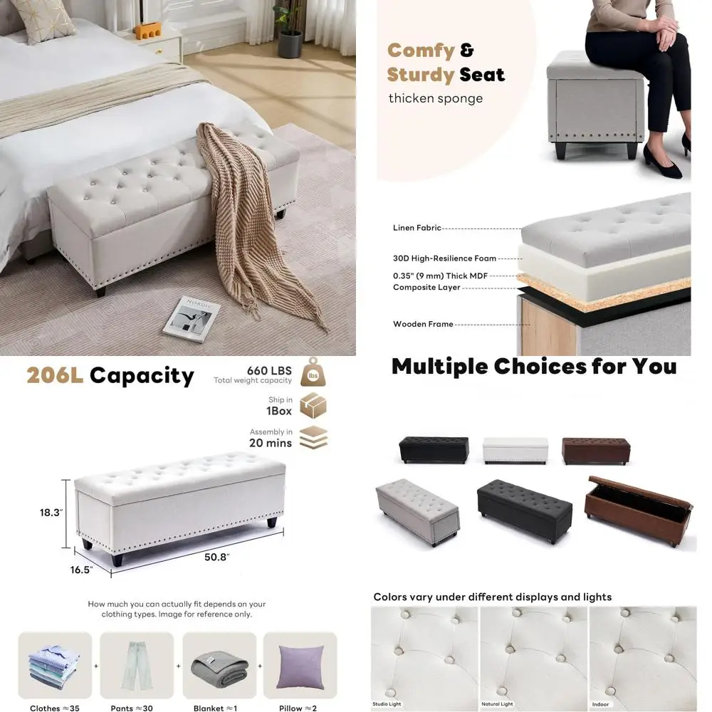 50.8 Beige Upholstered Storage Ottoman with Button Tufted Ends, Safety Hinge & Rivets, Ideal for Entryway, Bedroom, Living Room