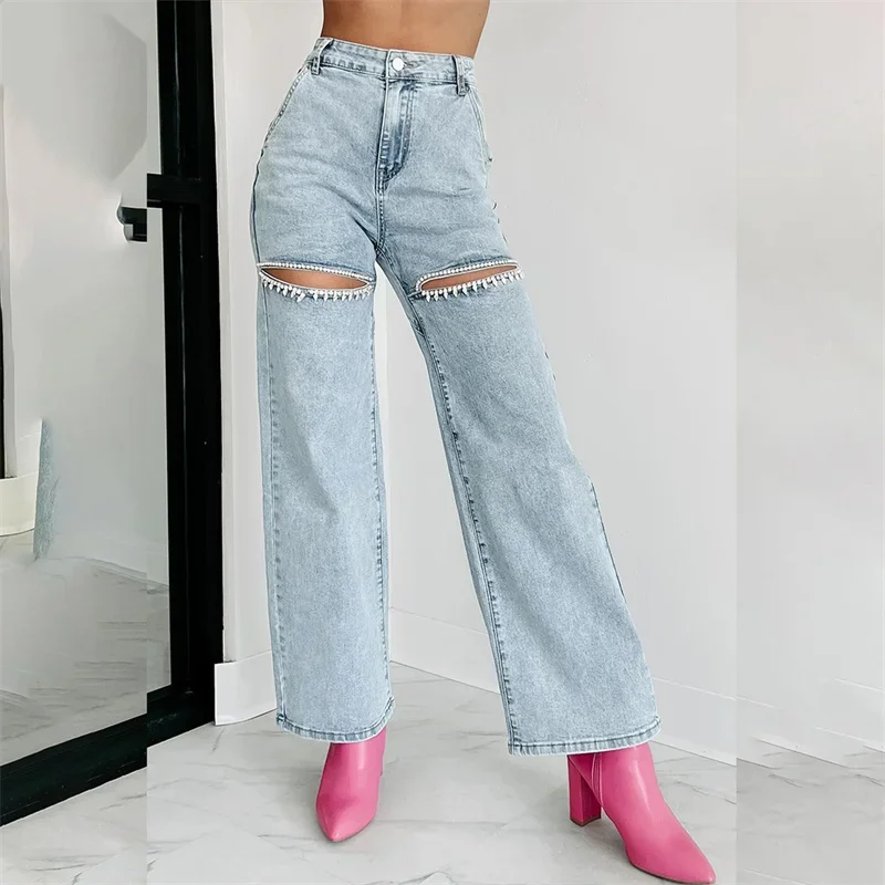 

2024 Fashion Thigh Split Diamante Decoration Straight Jeans Women Casual Denim Trousers High Waist Pants Female Trend Streetwear