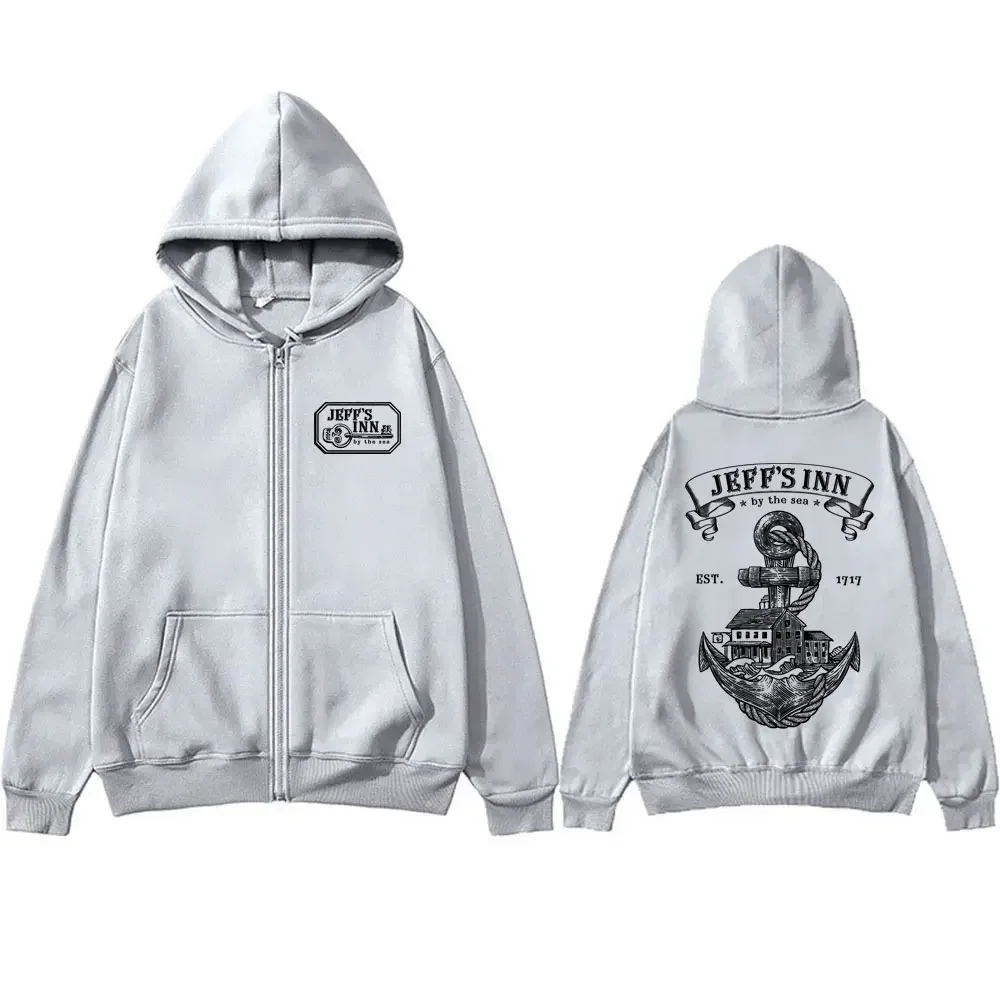 Vintage Skeleton Key Variation Zipper Hoodies Our Flag Means Death Jeff's Inn By The Sea Print Zip Up Jacket Male Fleece Hoodies
