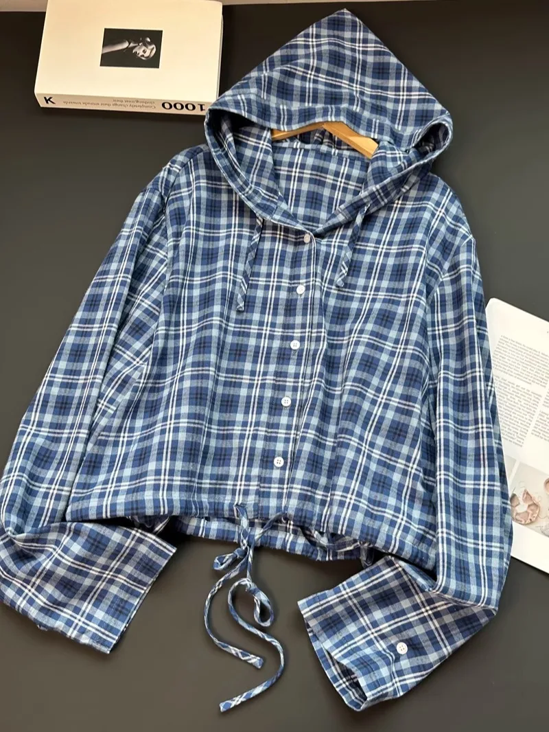 Lazy Faion Blu Plaid Con Cappuccio irt Allentato Dimagrante ort Cappotto Autunno Alla Moda Desktop 3900 Busin delle Donne Casual Tuta Sportiva