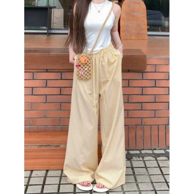 New Women's Long Pants Stylish Woven Vertical Striped Wide-leg PantsStraight Loose Casual Mopping Pants Thin Floor Pants clothes