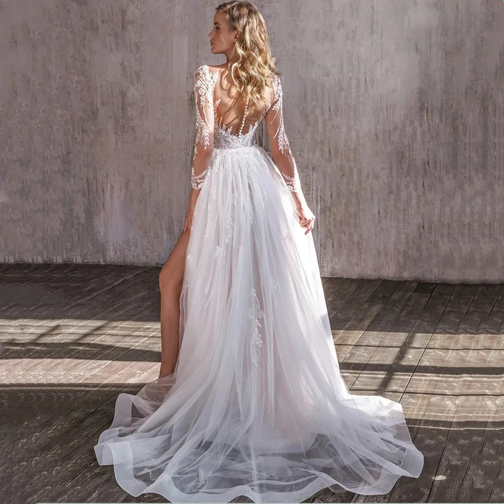 Vestidos de casamento com apliques de renda, Robe até o chão, Vestidos de noiva sexy, Fenda lateral querida para noiva, 2024