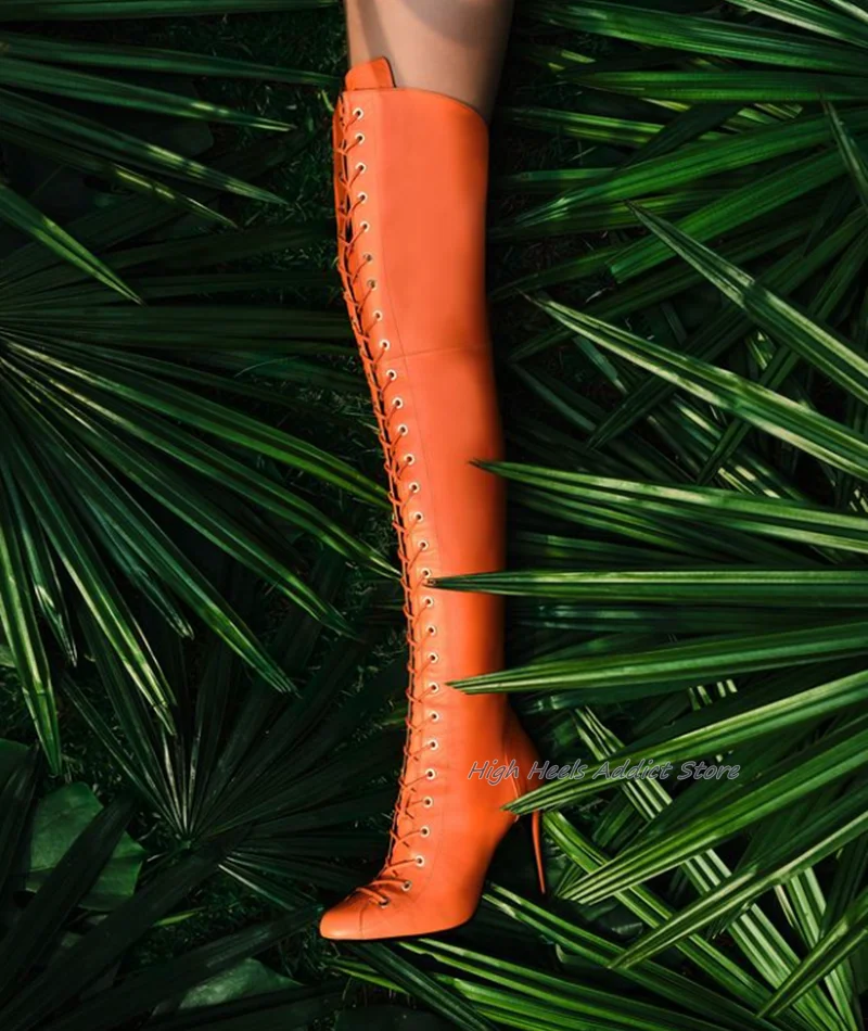 Round Toe Lace up Thigh High Boots Leather Zip Orange/Red Suede Over Knee Boot Big Size Sexy Luxury Designer Shoes for Women