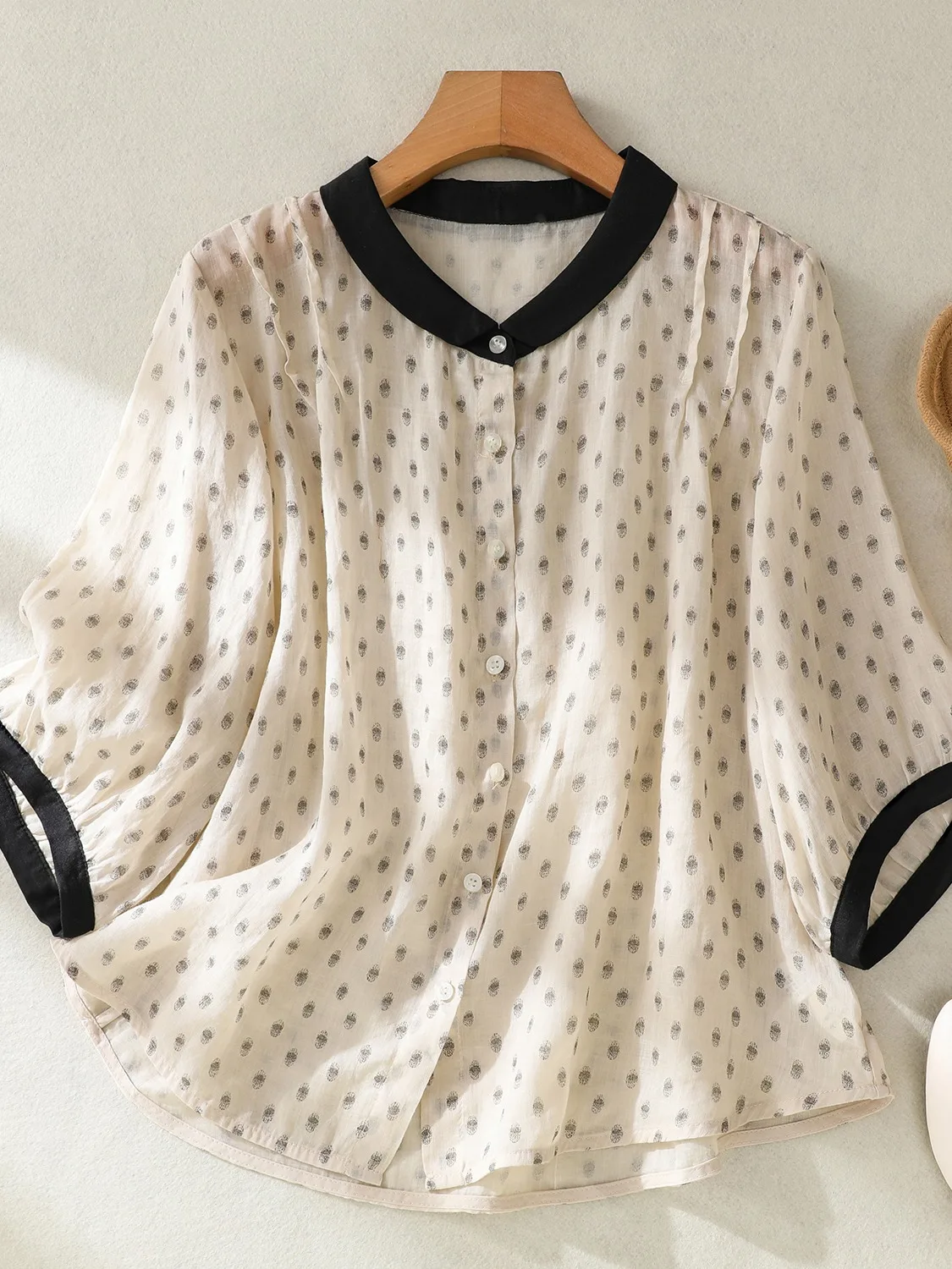 

Новая женская летняя льняная блузка в японском ретро-стиле в горошек, больших размеров, свободного кроя, стройнящая, высокого качества, с воротником-стойкой