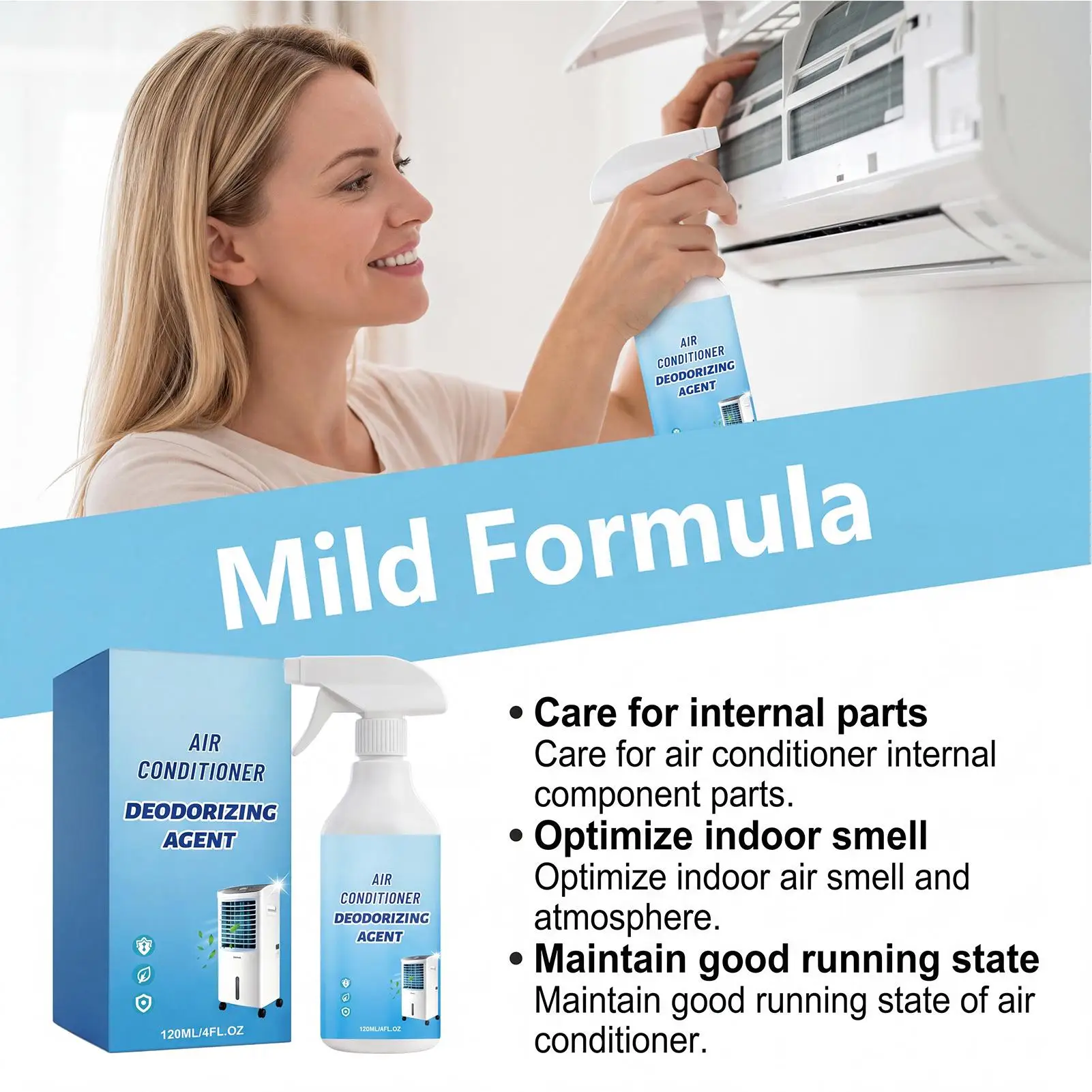 Protable AC Deodorizer Spray 120ml HVAC System Cleaner Air Freshener Car Vent Fan Furnace Basement Office Odor Smell Remover