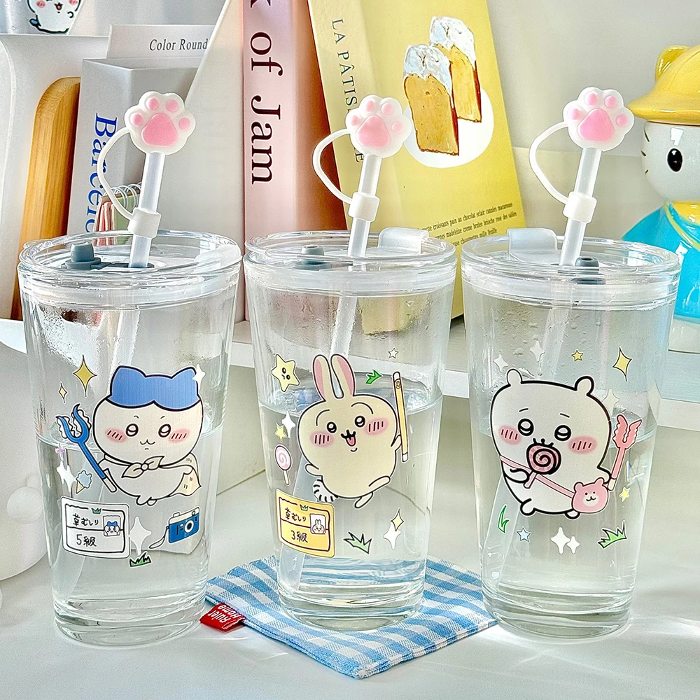 2024 New Chikawa Glass Water Cup Large Capacity Straw Cup Cute Cartoon Office Coffee Cup Household Breakfast Cup Practical Gift