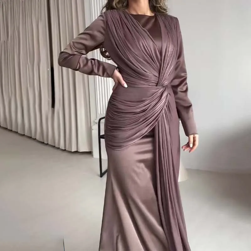 Elegancka sukienka imprezowa O Neck Fashion Tie-up High Waist Slim Party Dress Wome Solid Color Wrinkles Lady Chic Evening Gown 2025 Odzież damska — zdjęcie 7