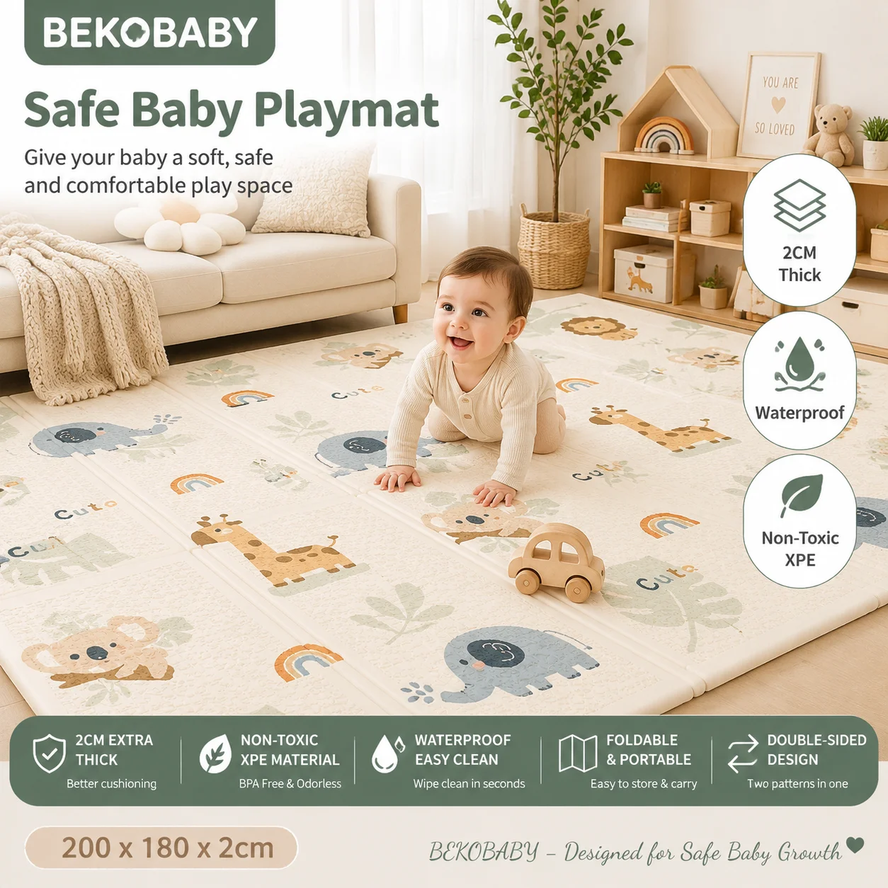 BEKOBABY Baby Play Mat 200x180x2cm XPE Foam Thick Foldable Non-Toxic Waterproof Crawling Mat for Kids & Toddlers Floor Play Rug