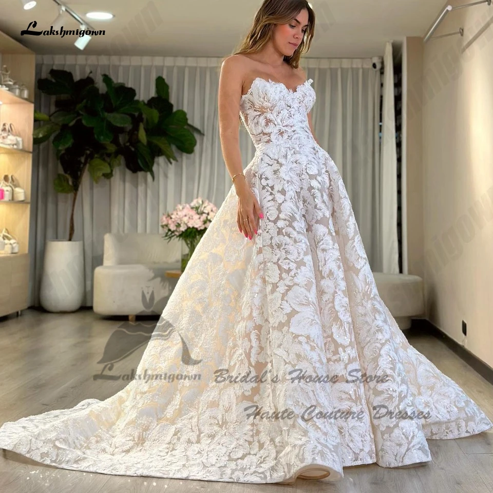 Laksh migown Luxus Spitze Boho Brautkleider von der Schulter Robe Mariee 2024 funkelnde Kirche Champagner Brautkleider Schatz