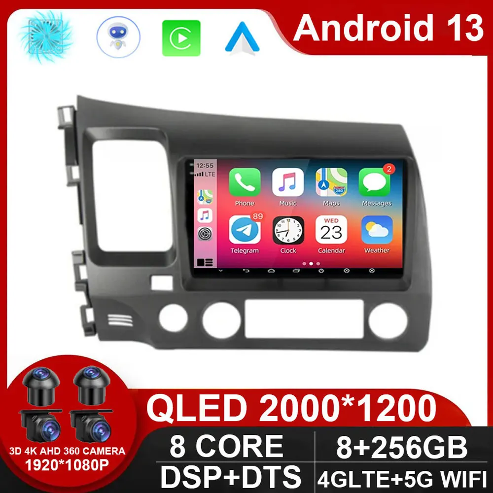 

Автомагнитола Carplay, 9 дюймов, Android 13, для Honda Civic 8 2005-2012, мультимедийный плеер с GPS-навигацией, 2 Din, 4G, аудио, без DVD