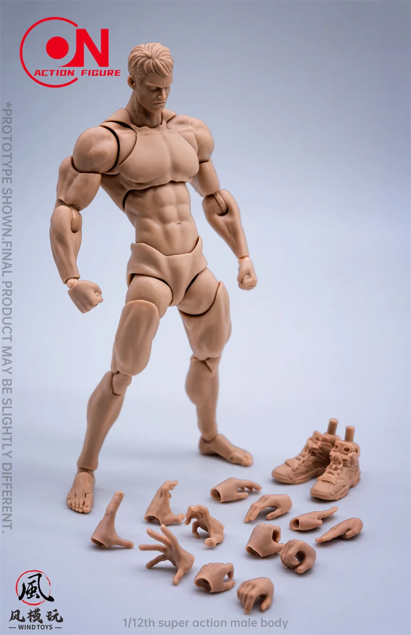 2025 Q2 Male 1/12 Wind Toys Muscle Strong Super Flexible Joint Body Man Action Figure Doll Model with Head Sculpt 7 Pair of Hand