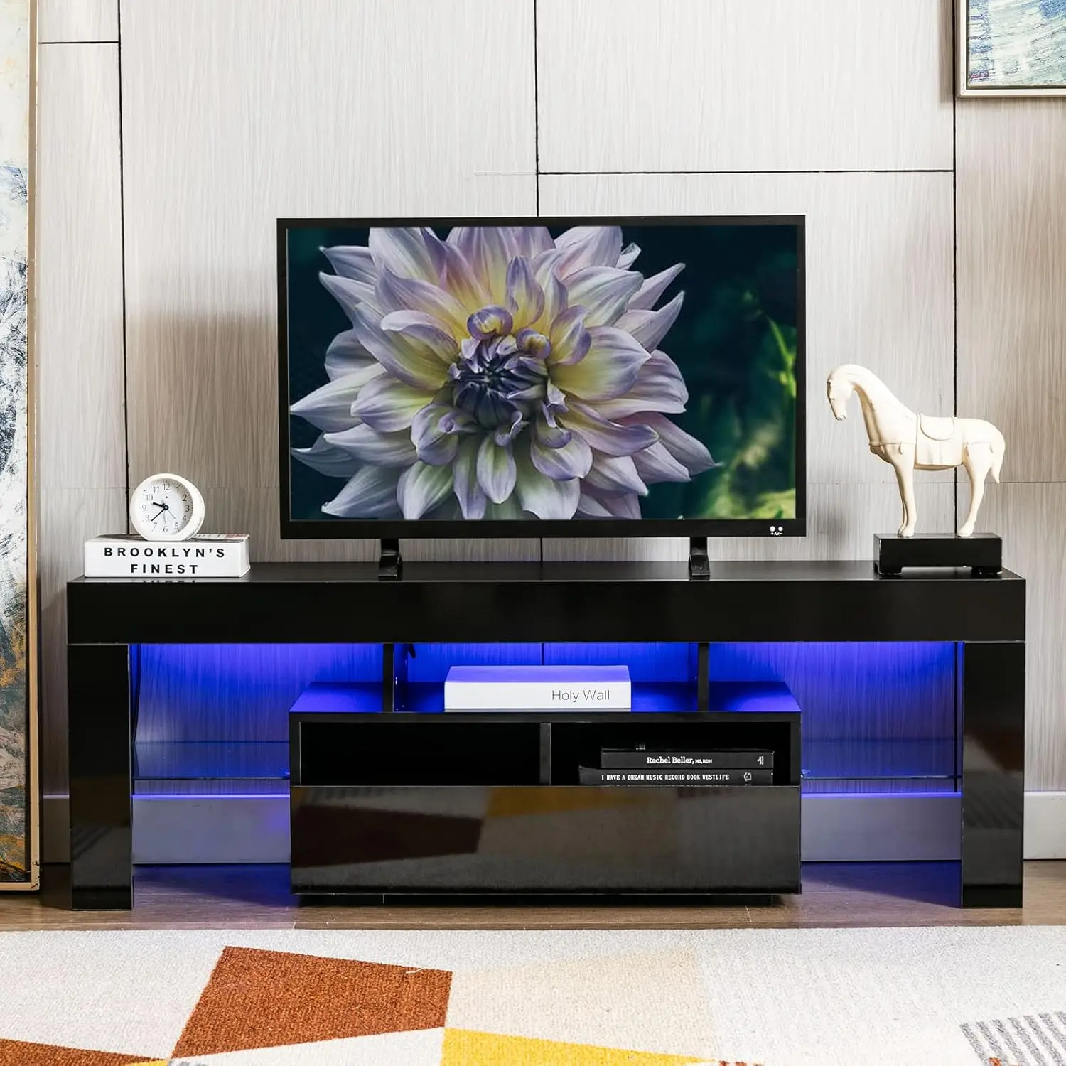 

Modern LED TV Stand for 70/65/55 inch TV, Modern Entertainment Center with 1-2 Storage Drawers, High Gloss TV Cabinet