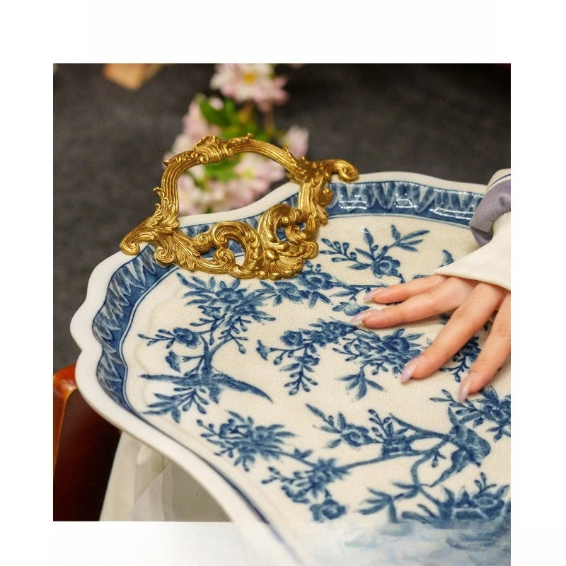 Light luxury high-end ceramic inlaid copper hand-painted blue and white few household living room study corner few tables tray