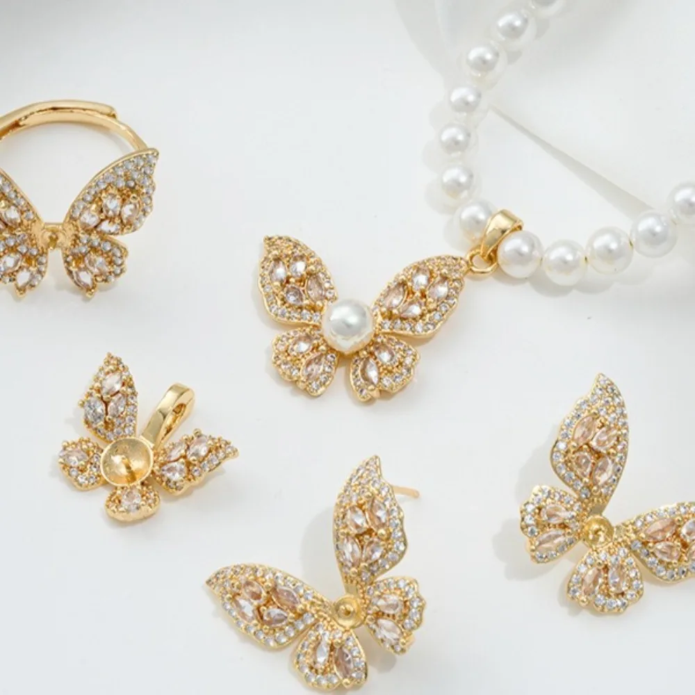 

1Pcs Copper Charms 14K Gold Color Zircon Half Hole Bead Holder Butterfly Pendant Ring Stud Earrings DIY Sticky Pearl Accessories