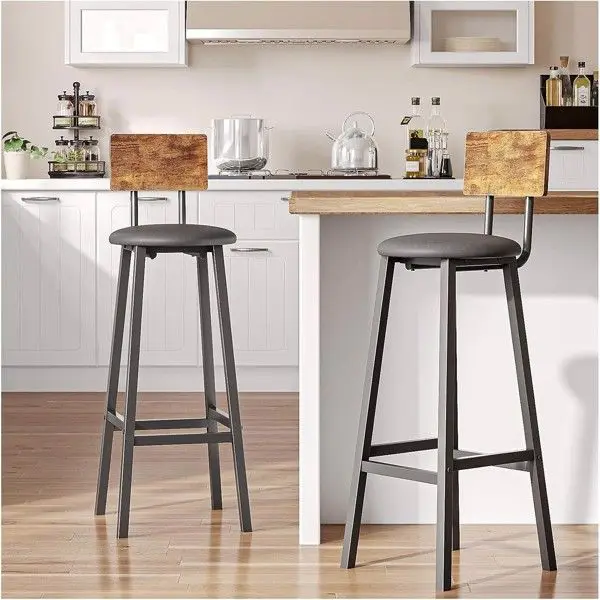 Industrial Rustic Bar Stools Set of 2 with Cushioned PU Leather Seats, Ergonomic Backrest, and Metal Frame for Kitchen, Bar, or
