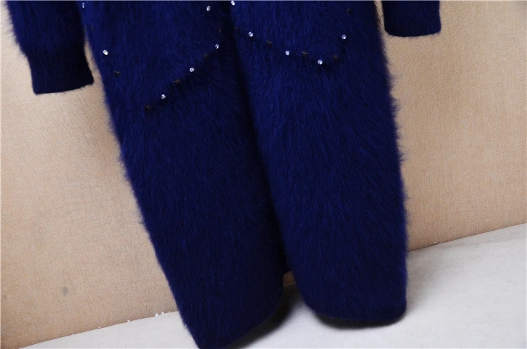 1.3KG Heavy Thick Female Women Autumn Winter Blue Bead Hairy Mink Cashmere Knitted Long Sleeves Loose Long Sweater Cardigan Coat