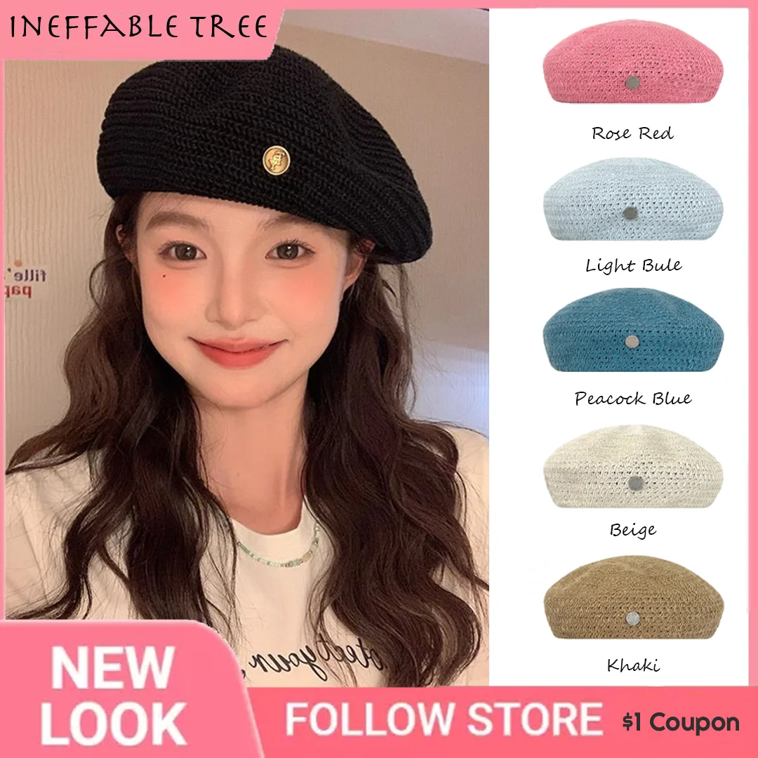 

Women's Korean Spring/Fall Knitted Beret - Big Circumference, Breathable Hollow, Metal Logo, Face Slimming & Versatile