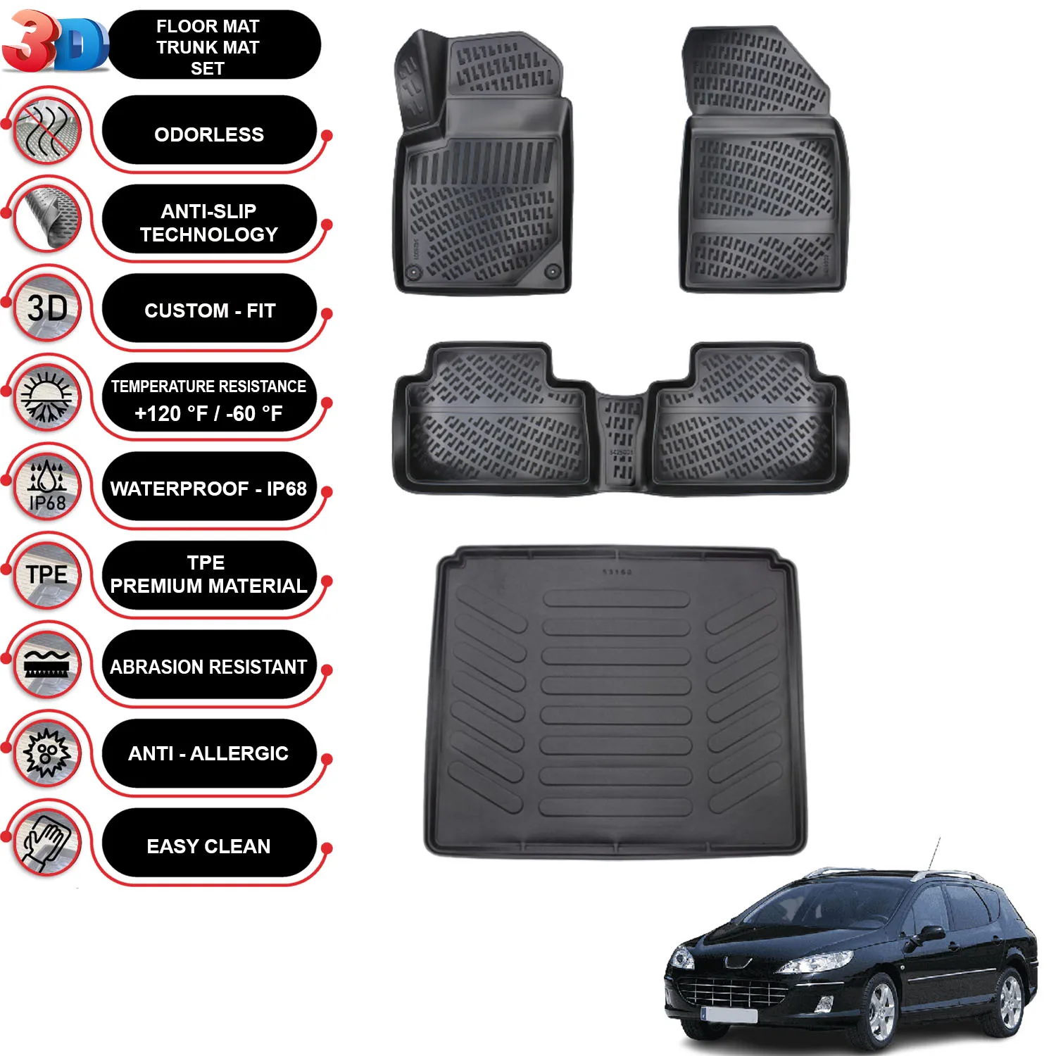 Peugeot 407 SW - (2003-2010) - Floor Mats + Cargo Trunk Liner - SET - (Black)