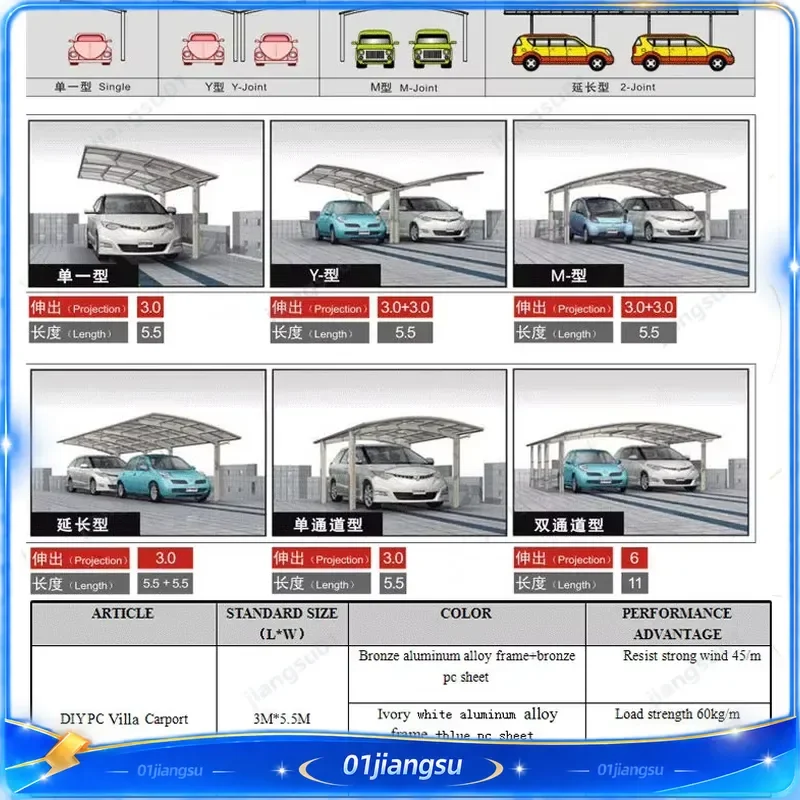 Aluminum Carport Shed Steel Frame Polycarbonate PC Roof Outdoor Car Parking Shelter Garage Canopy Tent Metal Structure