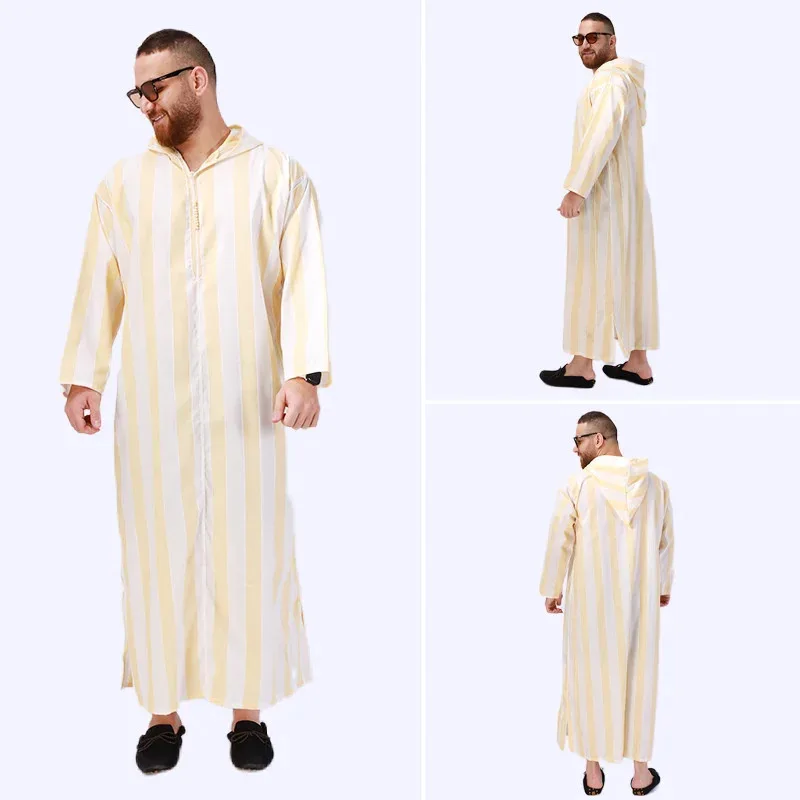 

New Muslim Long Robe Men Arab Hoodie Muslim Pajamas Ethnic Costumes Gowns Men Robe Yellow Long Robe