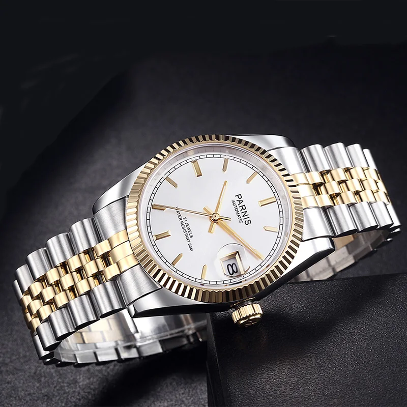 Parnis 36mm Silver Mens Watches Sapphire Crystal 21 Jewels Miyota Movement Automatic Mechanical Male Wristwatch