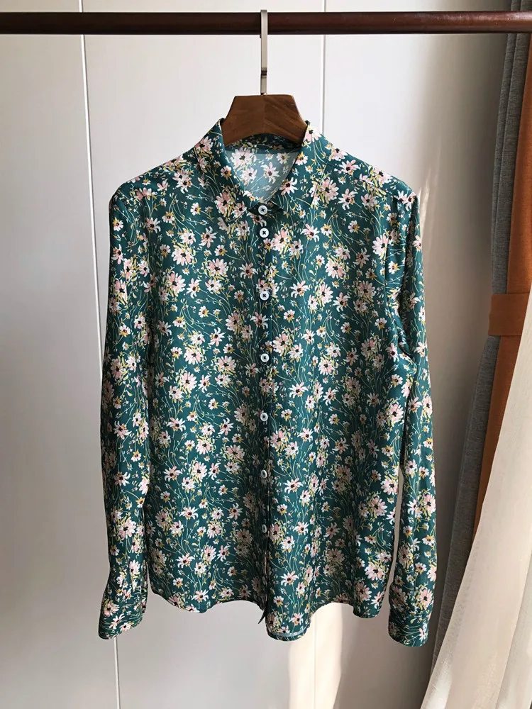 Seide Baumwolle mischt Frauen Langarmhemd grün Blumen druck Turn-Down-Kragen Vintage einreihige Damen bluse