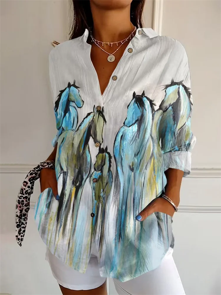 

2025 Women's Spring and Autumn Shirt Casual Three-quarter Sleeve Lapel Shirt 3D Digital Printing Art Horse Graphic Top