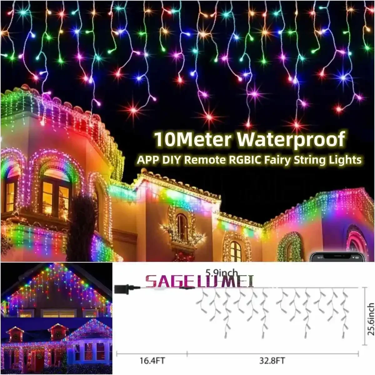 Rideau Lumineux LED avec Télécommande Intelligente, Fil Noir, RVB, IC, Décoration de Noël, 10 Mètres