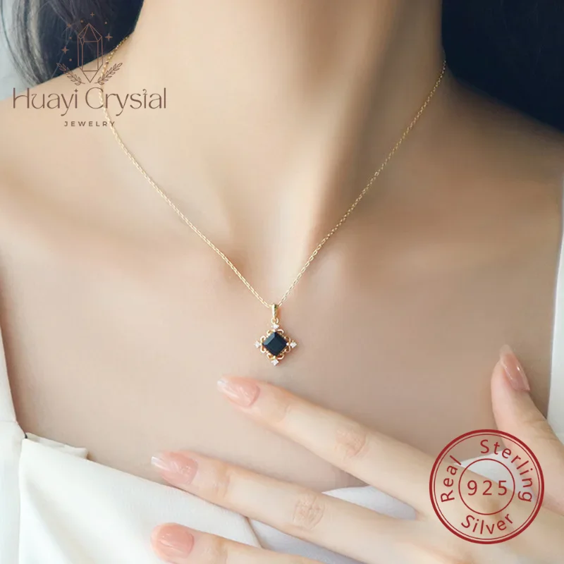 

S925 sterling silver necklace mild luxury retro black agate square sugar niche high sense clavicle chain pendant women