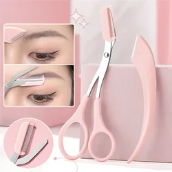 Eyebrow Trimmer Scissors with Comb Stainless Steel Eyebrow Eyelash Hair Scissors Portable Pink Eyebrow Trimmer Set Make Up Tools