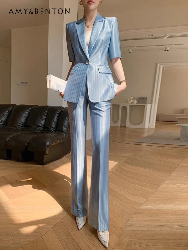 High Sense Office Lady Suit Thin Fashion Elegant Striped Short Sleeve Jacket Straight-Leg Pants Two Piece Sets Womens Outifits