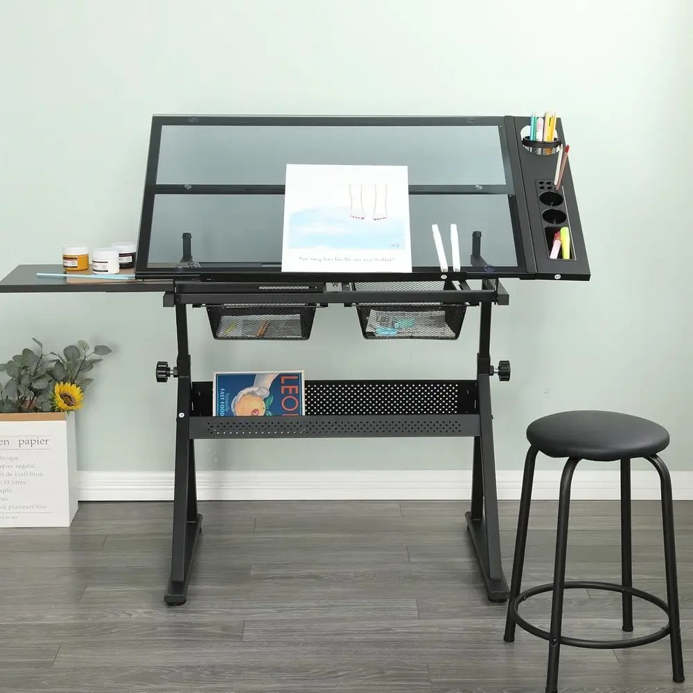 Adjustable Height Glass Art Desk with Stool and Multi-Storage for Sketching and Painting, Ideal for Artists and Hobbyists, Black view 6