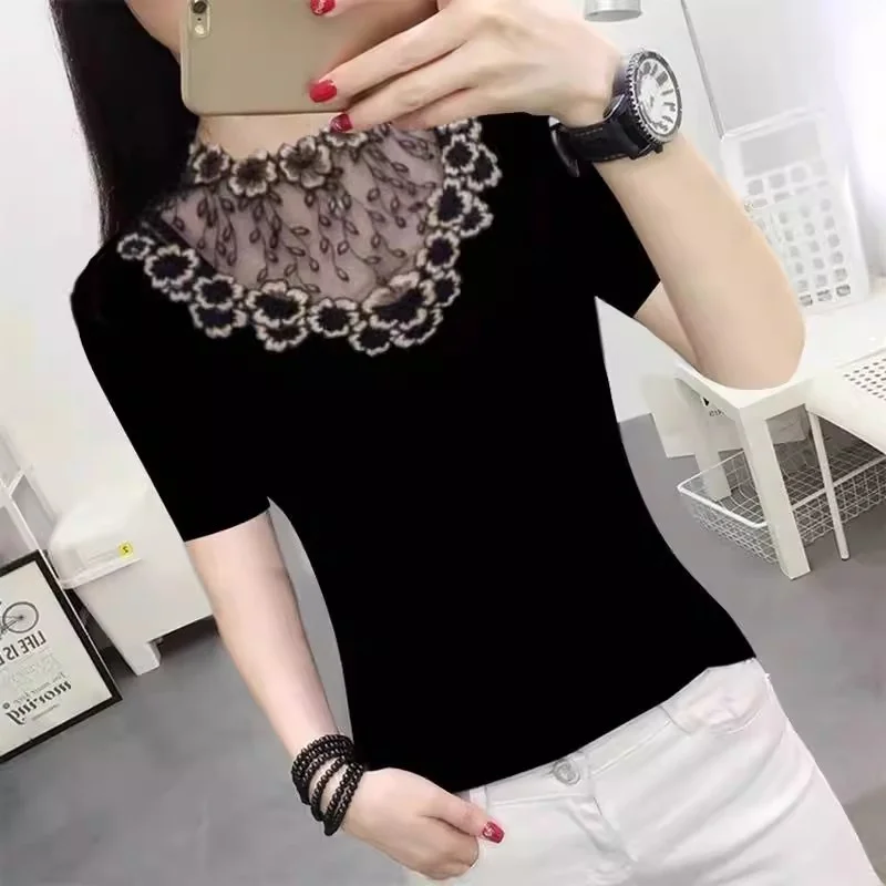 Midlife Mom Short Sleeve T-Shirt Women's New Large Size Small Shirt Body Tee Top Korean Style Commute Lace Detail Slim Fit