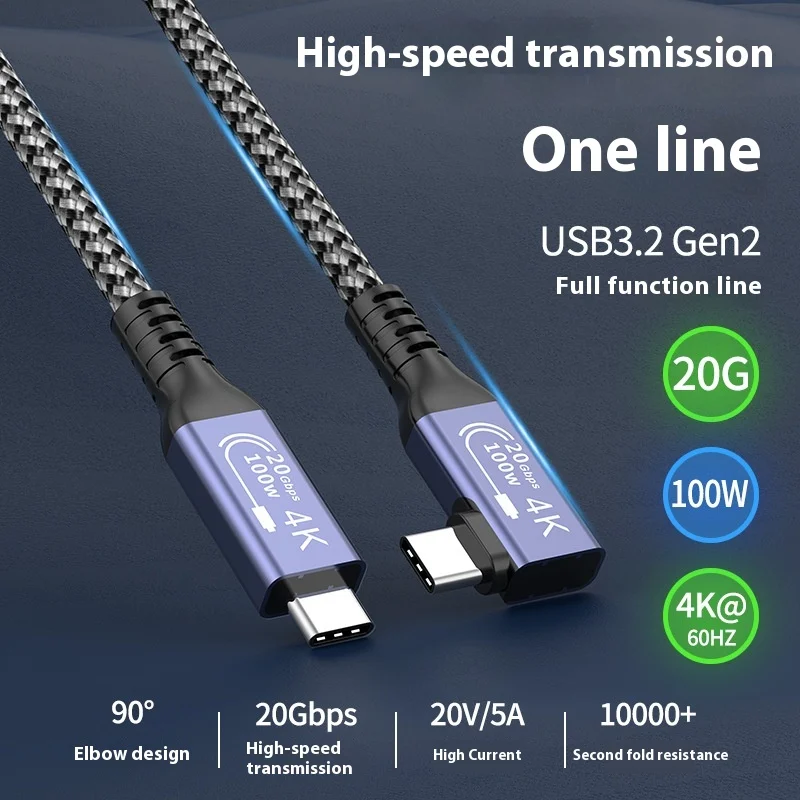 Elbow Cable 20Gbps Usb4 90 Degree Elbow Type C Data Transfer Cable for Thunderbolt 3 Usb 4 Usb C Pd100W Fast Charging Data Sync