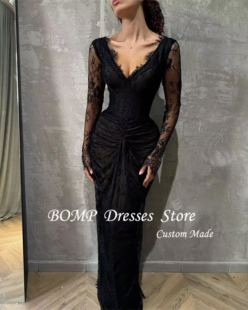 BOMP Black Formal Evening Dresses V Neck Long Sleeves Pleats Lace Bodycon Maxi Formal Party Dress Prom Gowns Women Customized