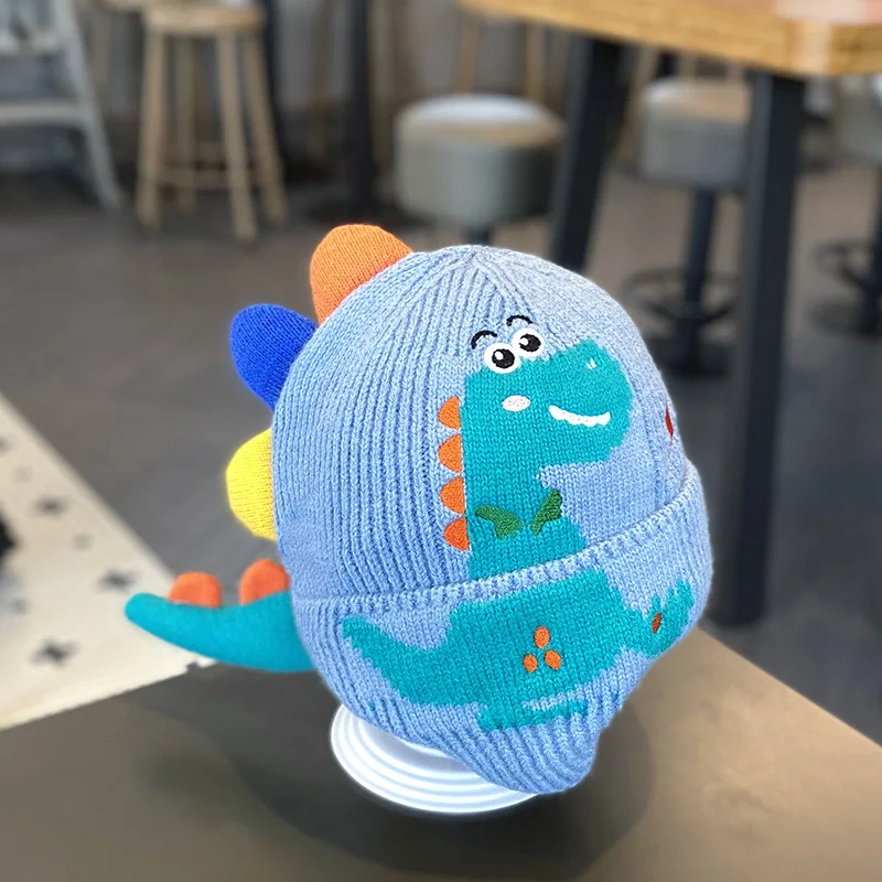 Kid Accessories Cartoon Dinosaur Baby Boy Hat Winter Cute Baby Hat Warm Knit Kids Boy Cap Child Boy Hat Head Cover Ear-cap 2-6y