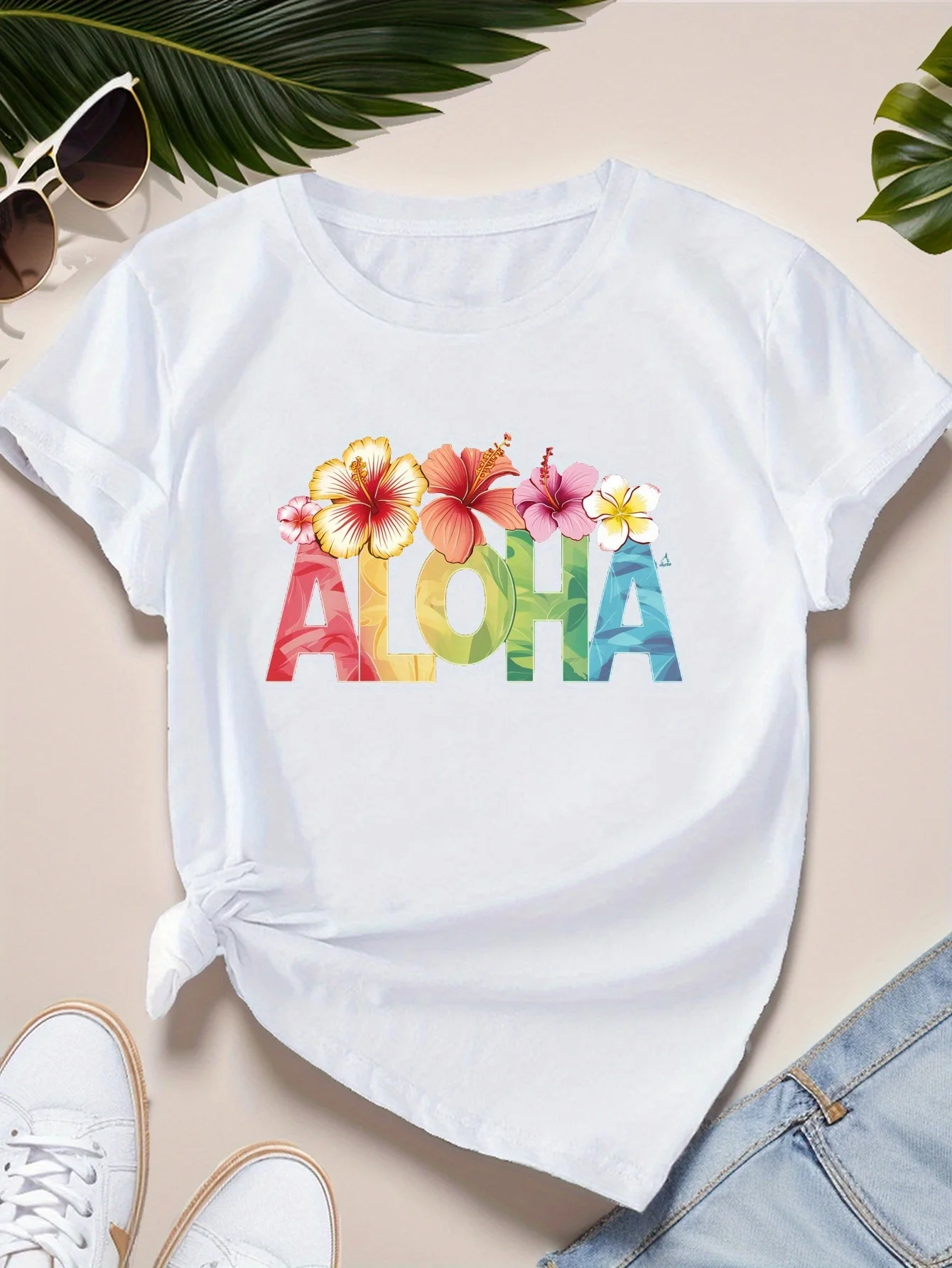 ALOHA with Tropical Flowers Printed Women's T-shirt Sports Short Sleeve T-Shirt Summer Harajuku Streetwear Tops Women's Clothing