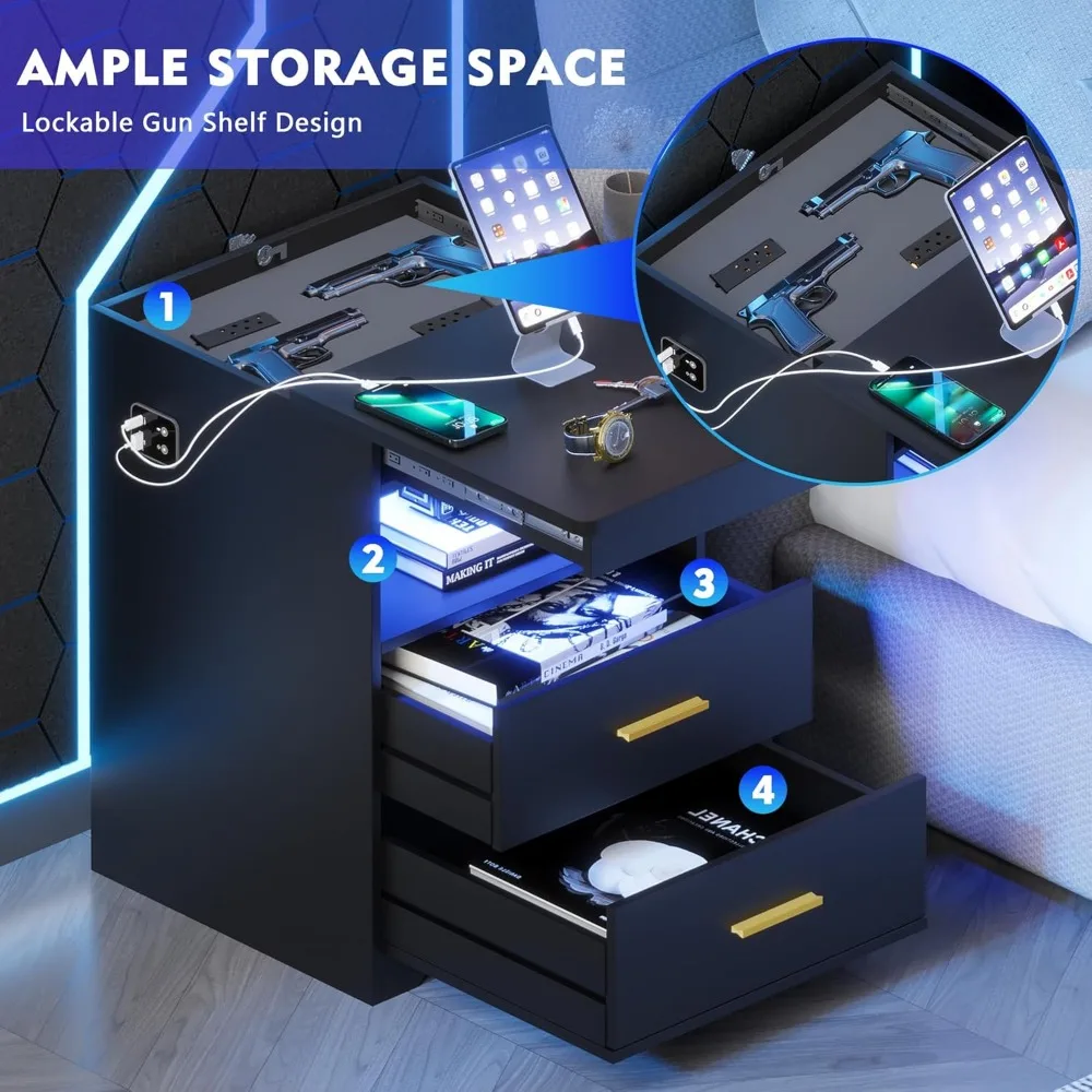 مجموعة طاولة نهاية LED حديثة مكونة من قطعتين مع قاعدة شحن ودرج مسدس سري لغرفة النوم، بجانب الطاولة مع مساحة تخزين مخفية #4