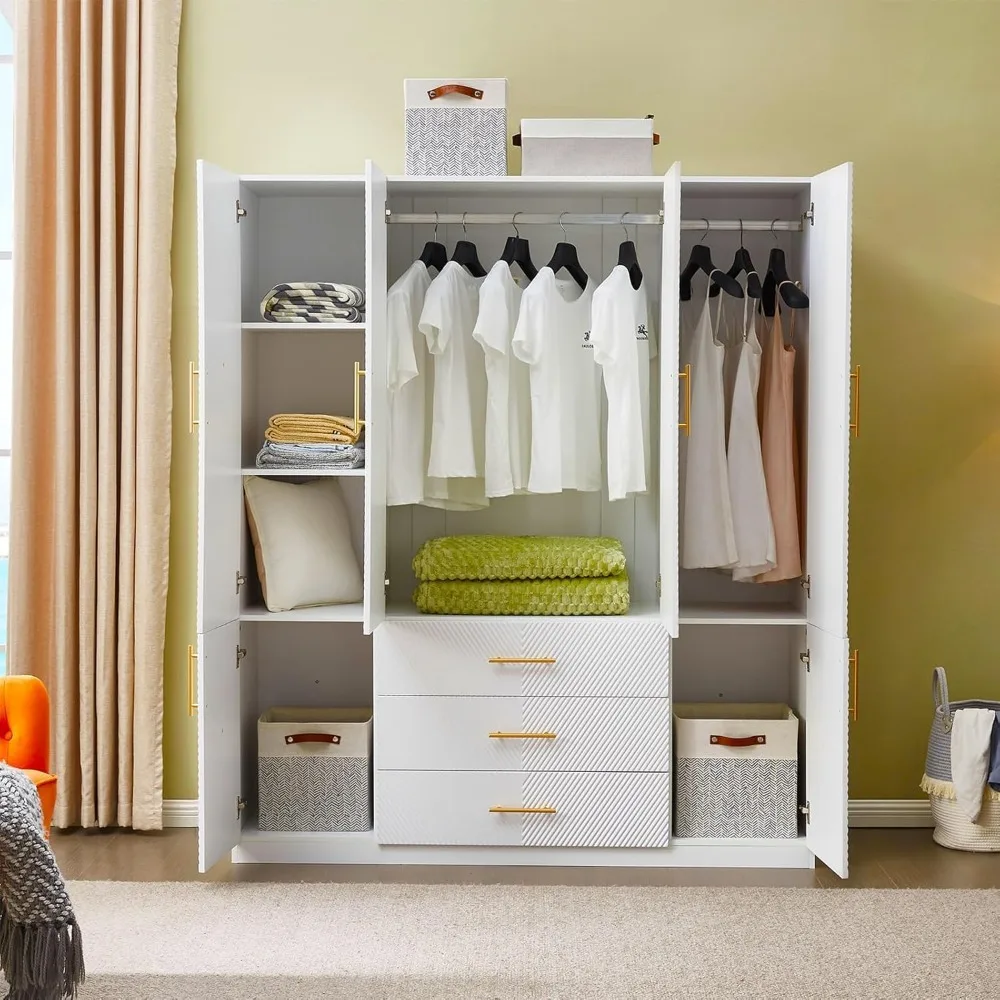 Wooden Wardrobe: Large Wardrobe 4 Doors White Wardrobe Storage with 3 Drawers, Shelves and 2 Clothes Rails