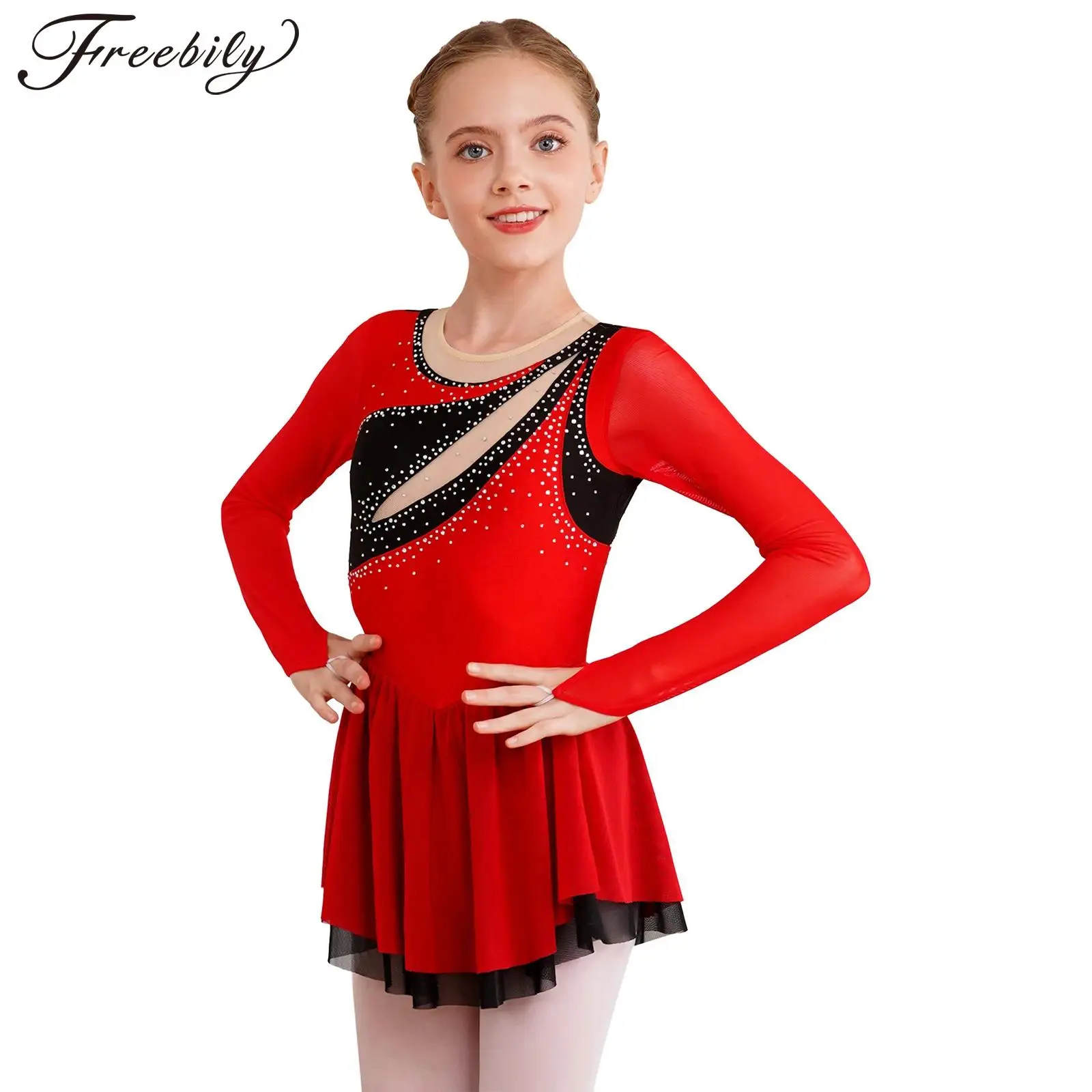 Kids Girls Ballet Dance body Dress Color Block Dancewear Glittery strass Sheer Mesh manica lunga abiti da pattinaggio artistico