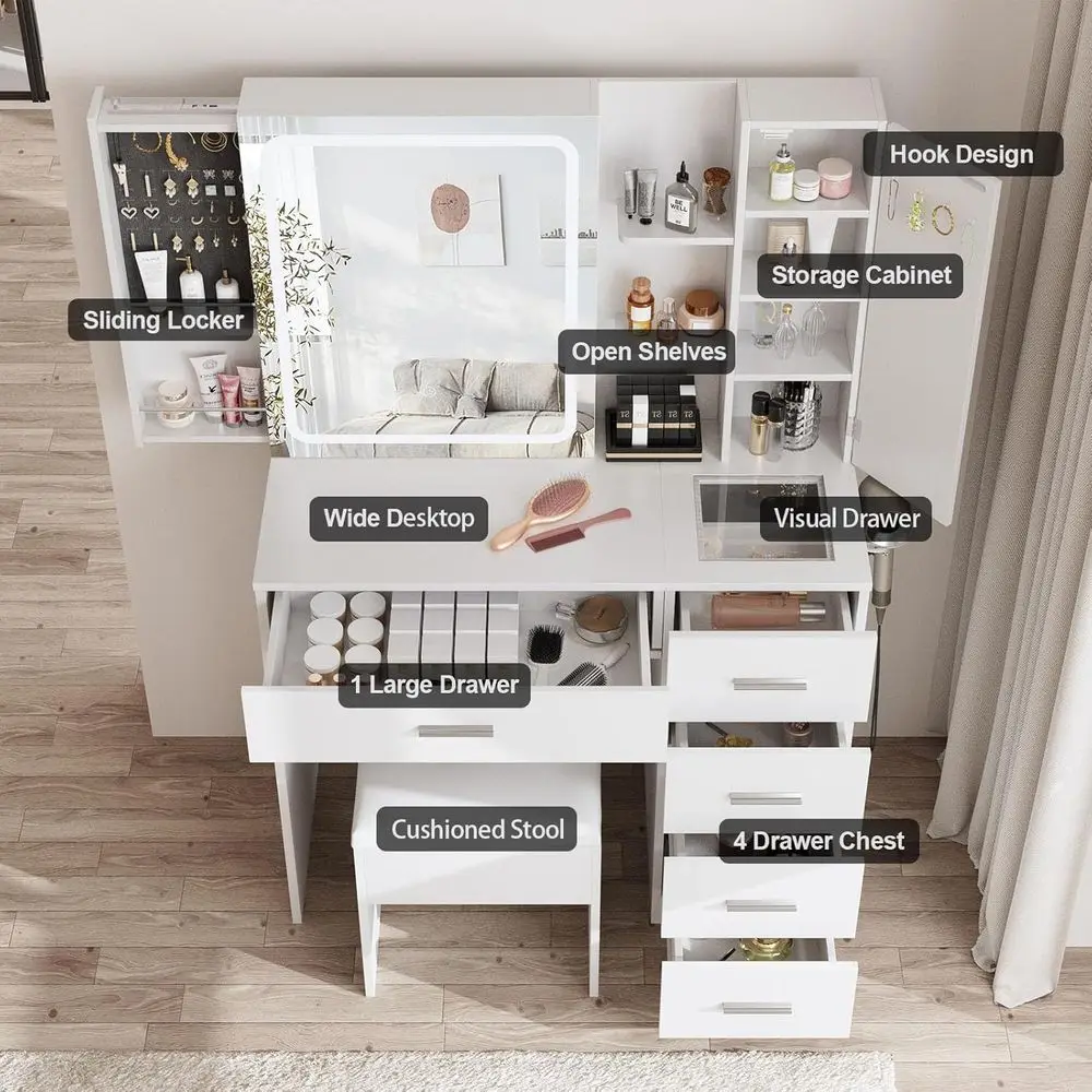 White Vanity Desk with Mirror, Lights, and Power Strip, Makeup Table Set with Sliding Storage and 5 Drawers & Shelves view 3