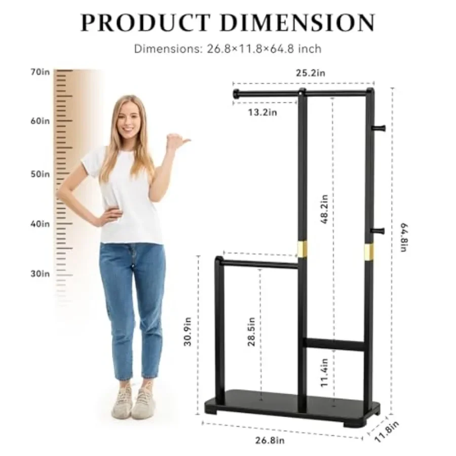 Solid Wood Coat Rack for Bedroom Entryway Hallway: Freestanding Standing Clothes Rack with Double Hanging Rods, Natural Wood Co